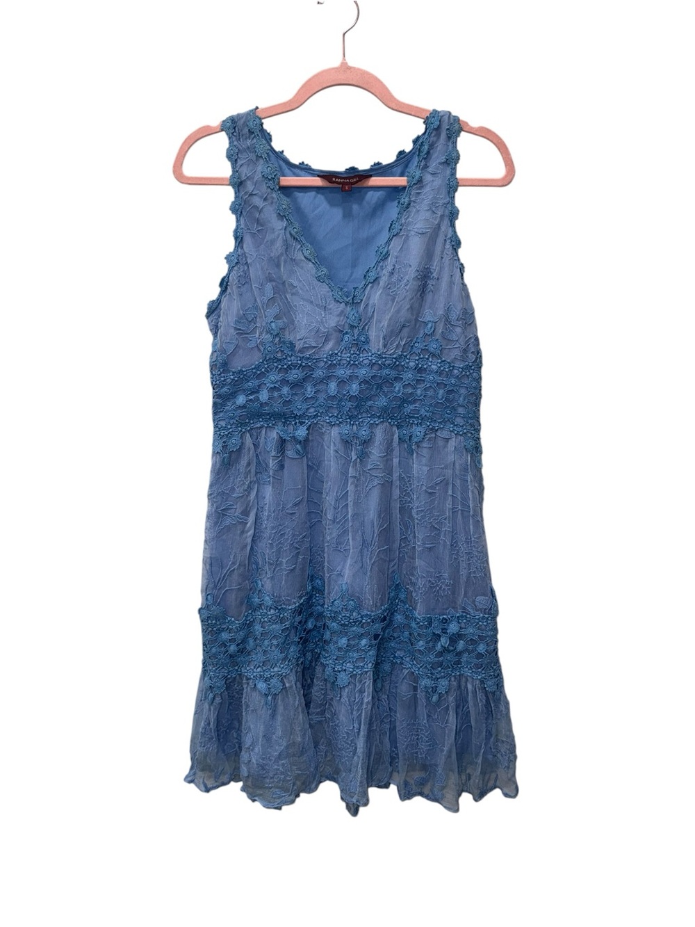 Ranna Gill V-Neck Lace-Trim Mini Dress in Light Blue. Size Small - Picture 2 of 7